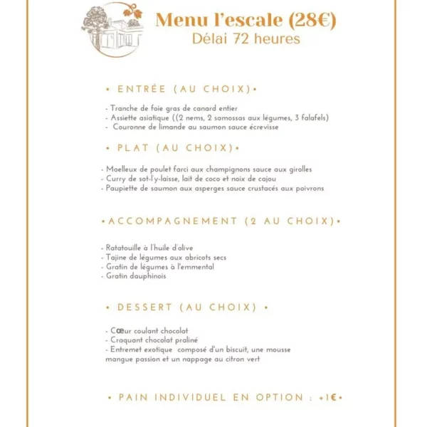 Repas traiteur complet Menu l'escale